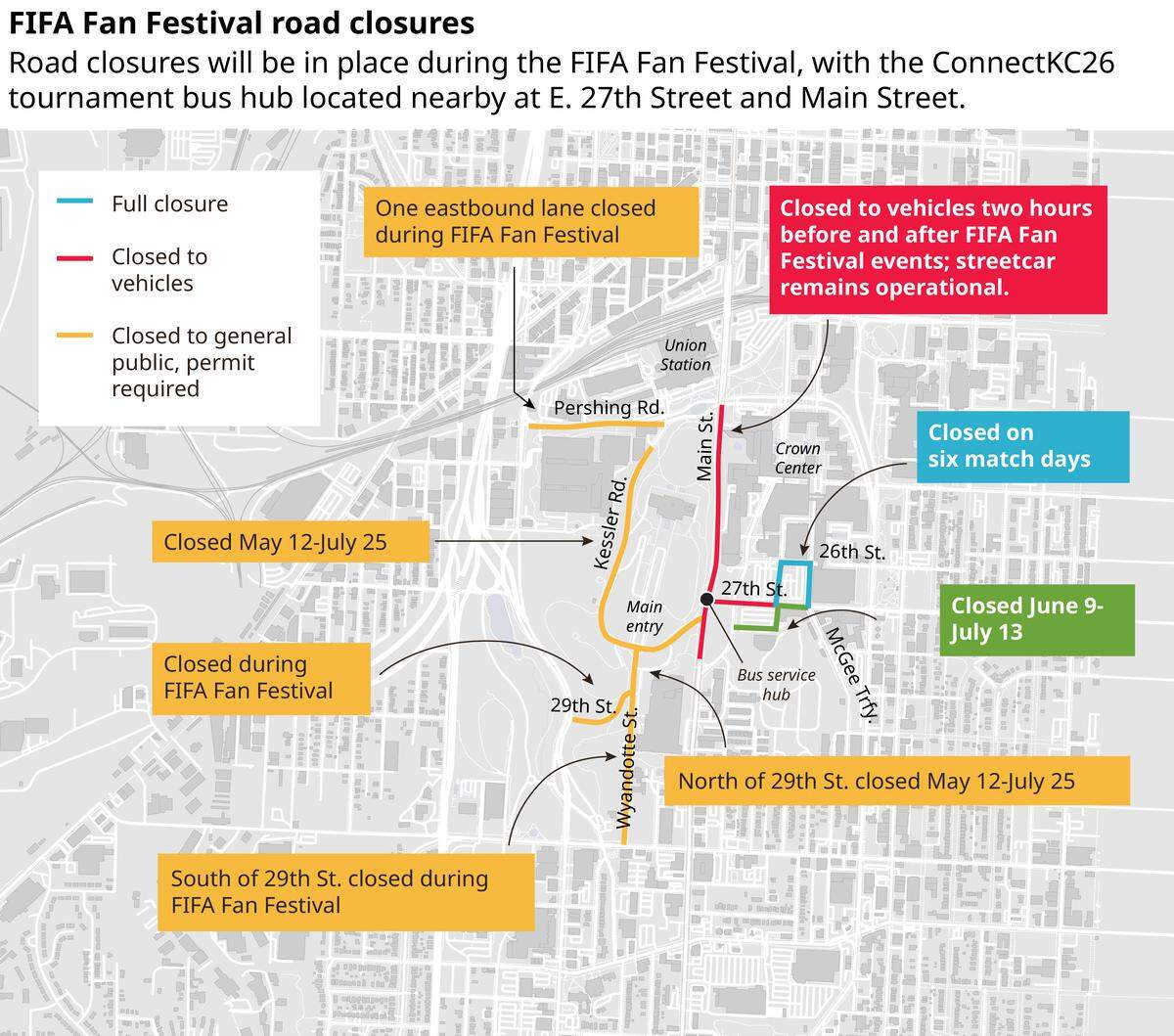 A map shows the road closures surrounding the FIFA Fan Fest in Kansas City, Missouri. Fan Fest will be at the National WWI Museum and Memorial between June 11 and July 11.