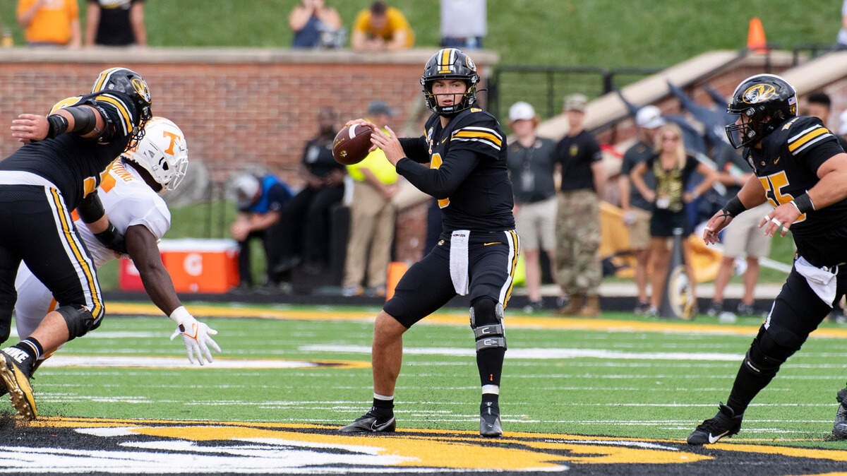 Missouri Tigers quarterback Connor Bazelak looks to pass during the second half of last Saturday’s loss to Tennessee in Columbia.