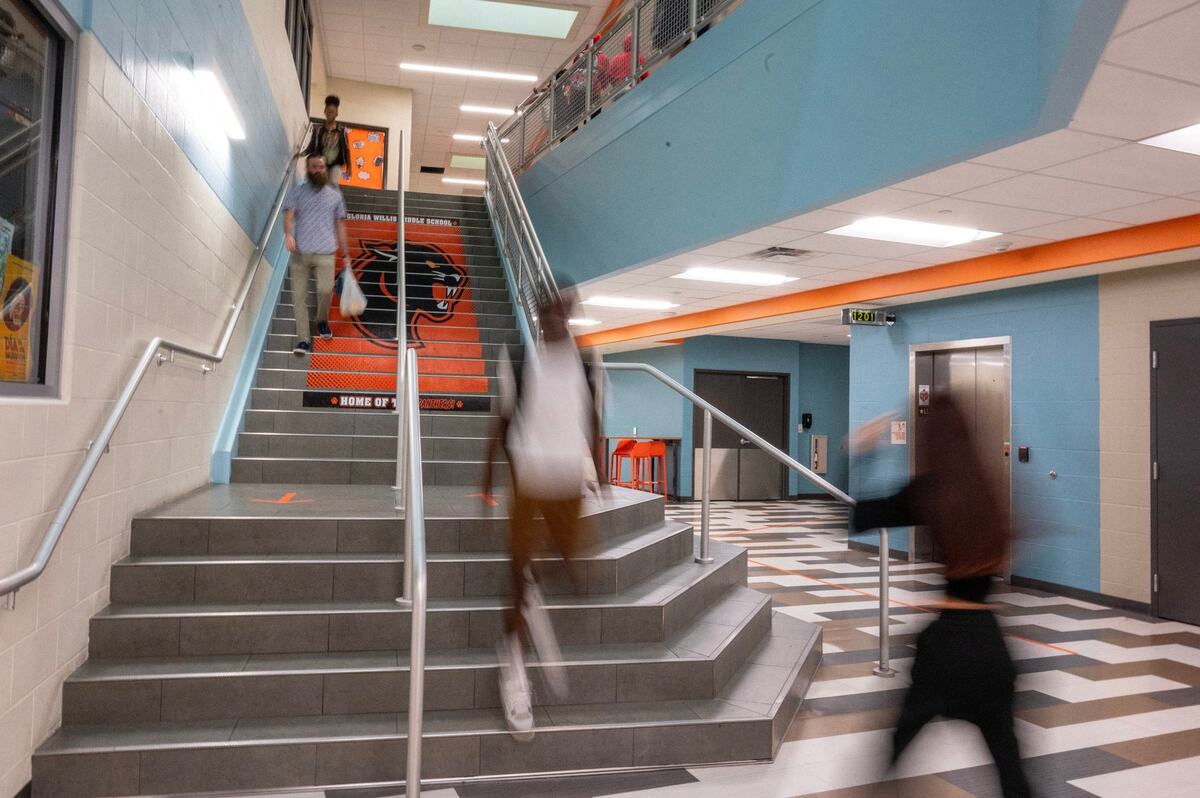 Students walk the halls of Gloria Willis Middle School on Tuesday, April 16, 2024, in Kansas City, Kansas.
