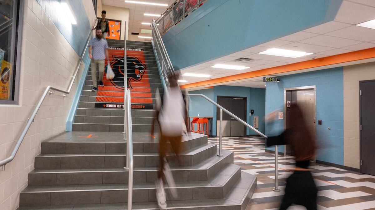 Students walk the halls of Gloria Willis Middle School on Tuesday, April 16, 2024, in Kansas City, Kansas.