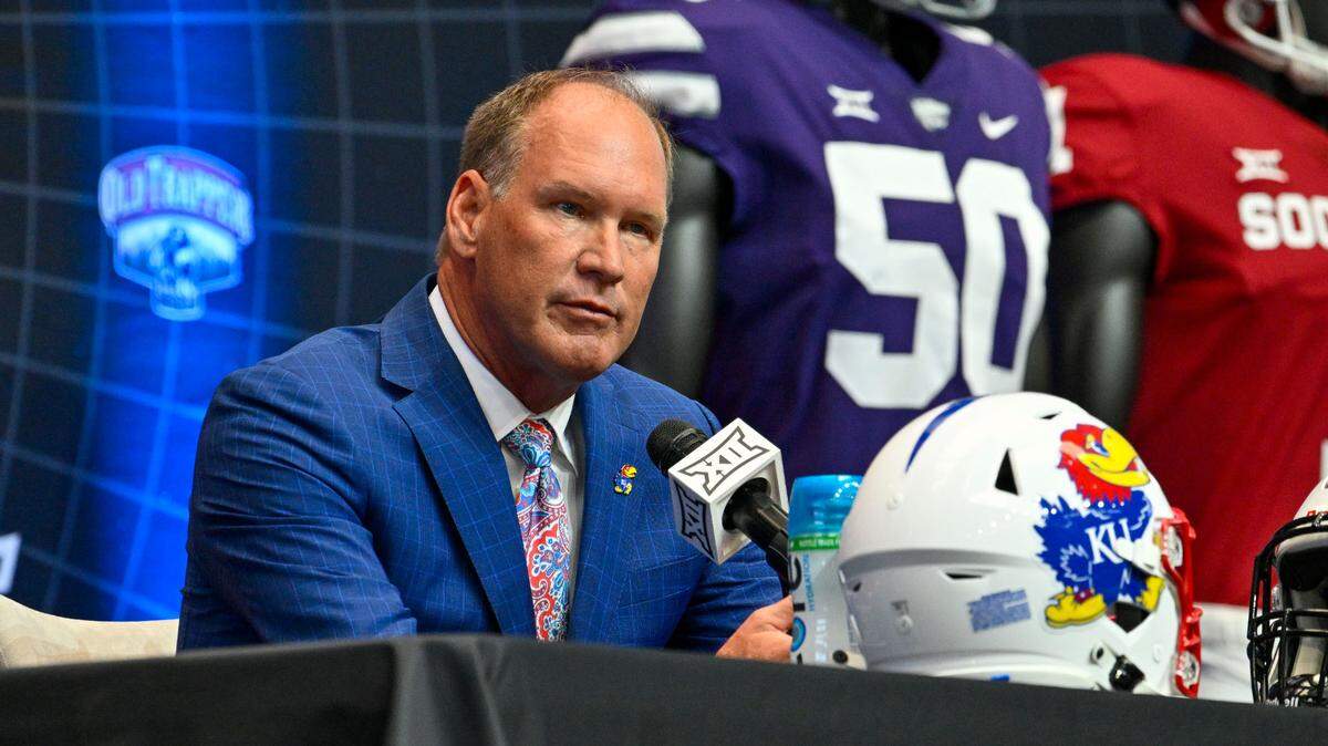 Kansas head coach Lance Leipold is interviewed during Big 12 football media days at AT&T Stadium in Arlington, Texas, on July 12, 2023.