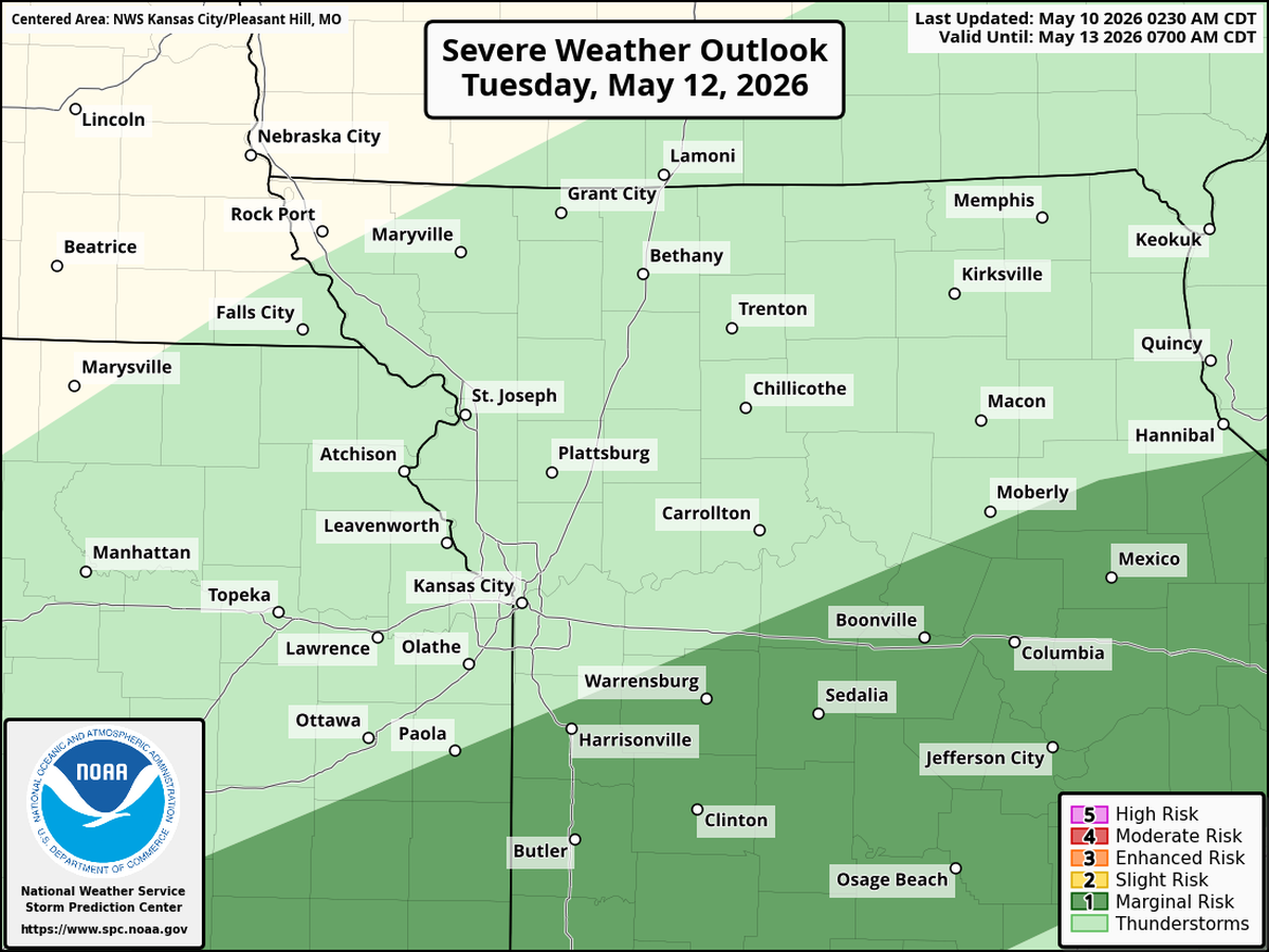 The Storm Prediction Center, part of the National Weather Service, has placed the southern portion of the Kansas City forecast region under a marginal risk, Level 1 of 5, for severe weather on Tuesday afternoon and evening. A few strong to severe storms are possible, mainly south of a line from Paola, Kansas, to Moberly, Missouri. Strong wind gusts and hail will be possible.