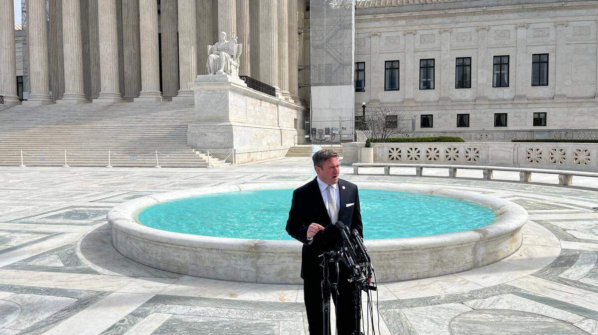 Missouri Attorney General Andrew Bailey speaks in front of the U.S. Supreme Court after oral arguments in Murthy v. Missouri on March 18, 2024. The case argues the federal government coerced social media companies into censoring content.