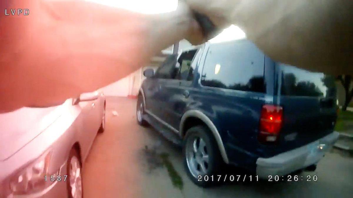 After bullets were fired, shattered glass is seen on the ground in an image from a body camera after Antonio Garcia was shot and killed by Michael Harrington, a former officer of the Leavenworth Police Department, on July 11, 2017. Harrington was terminated from the department in January 2018 for violating the department’s use of deadly force policy. A mistrial was declared Wednesday, April 22, 2022, in the trial of Harrington, who was charged with involuntary manslaughter.
