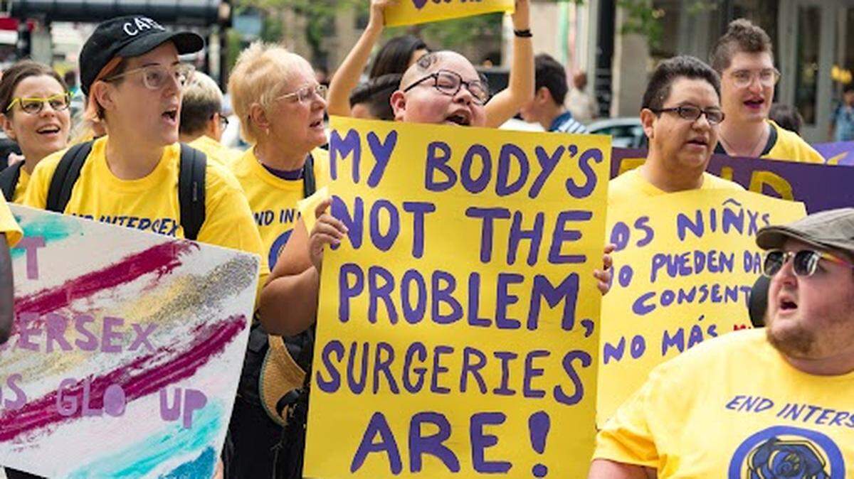 Koomah protested with members of the Intersex Justice Project against nonconsensual surgeries performed on intersex infants outside of Lurie Children’s Hospital of Chicago in 2018. (Courtesy Intersex Justice Project)