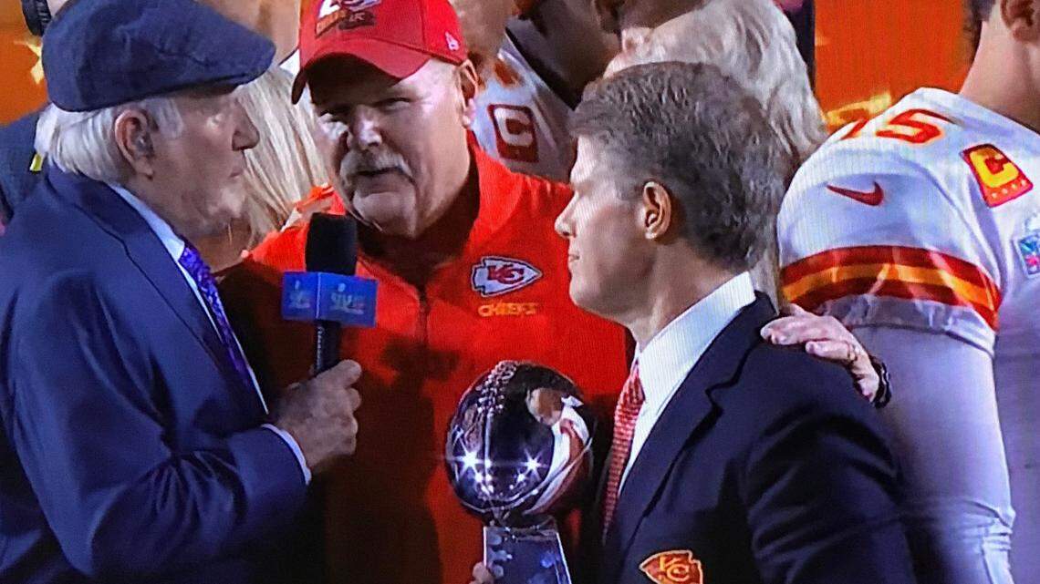 Fox Sports’ Terry Bradshaw, left, made a crack about KC Chiefs coach Andy Reid, center, during the Super Bowl celebration that angered football fans. Bradshaw had just interviewed Chiefs chairman and CEO Clark Hunt, right.