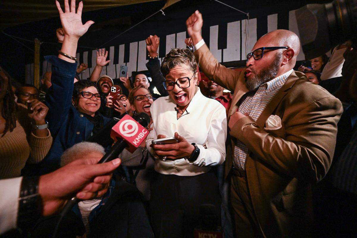 Christal Watson celebrates with family and friends at John's Java and Jazz in Kansas City after being elected Mayor/CEO of Wyandotte County's Unified Government on Tuesday, Nov. 4, 2025.