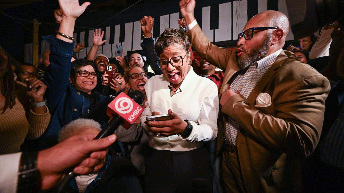 Christal Watson celebrates with family and friends at John's Java and Jazz in Kansas City after being elected Mayor/CEO of Wyandotte County's Unified Government on Tuesday, Nov. 4, 2025.
