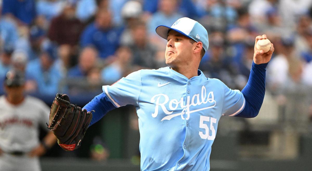 Kansas City Royals starting pitcher Cole Ragans (55) throws to a Cleveland Guardians batter during the opening day game Thursday, March 27, 2025, at Kauffman Stadium.
