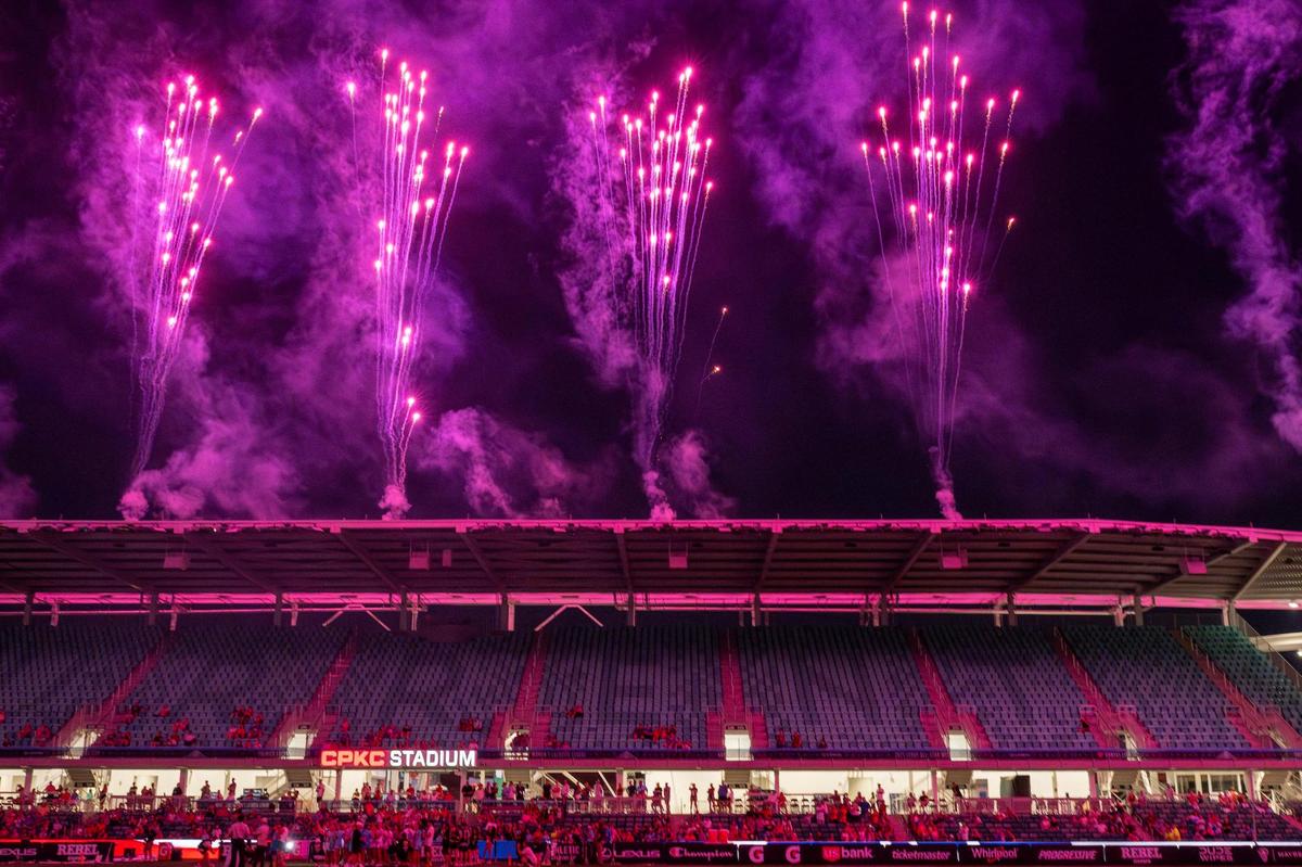 A Fourth of July fireworks show lights up the sky above CPKC Stadium following the Maybelline Women’s Lacrosse League All-Star Game on Friday, July 4, 2025, in Kansas City.