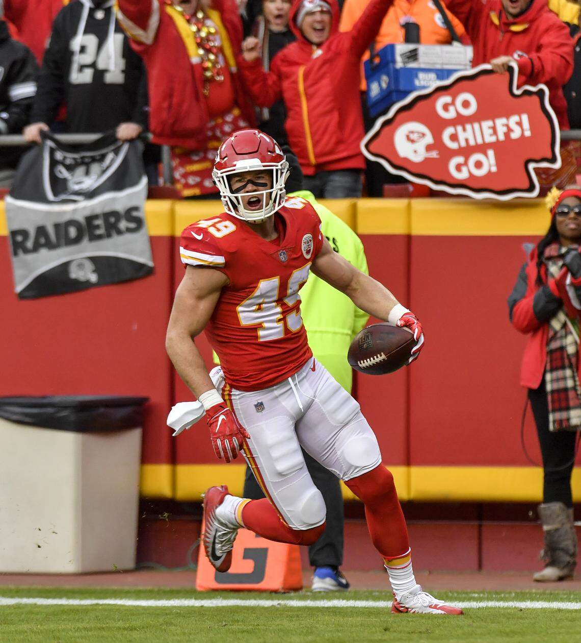 Kansas City Chiefs defensive back Daniel Sorensen was fired up after running in a first quarter interception for a touchdown against the Raiders during Sunday’s football game on December 30, 2018 at Arrowhead Stadium in Kansas City, Mo.