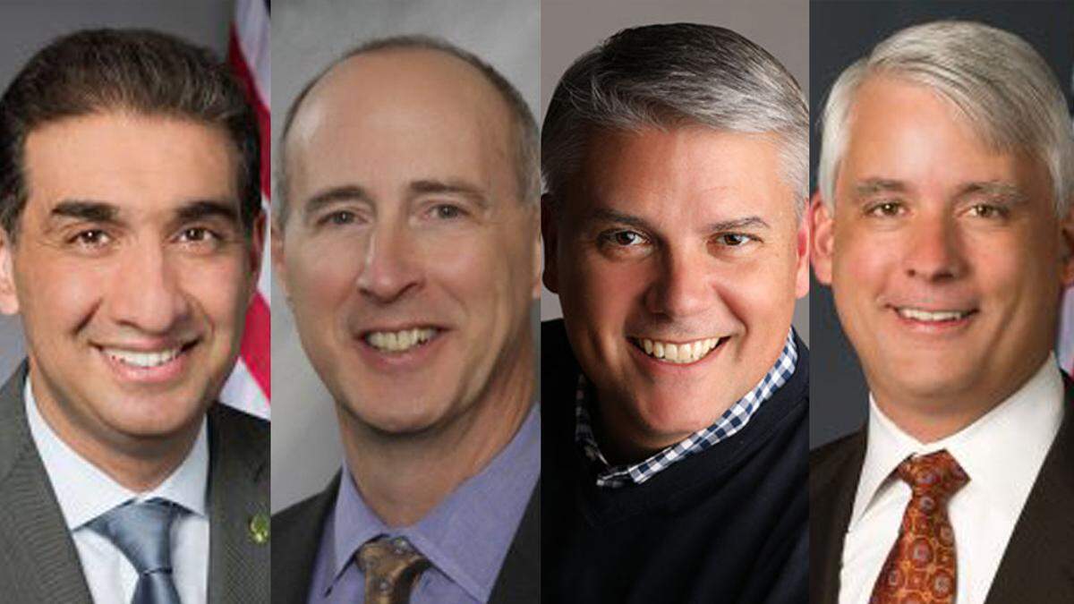 Four candidates are running for Overland Park mayor in the Aug. 3 primary in Johnson County. They are, from left, Councilman Faris Farassati, newcomers Mike Czinege and Clay Norkey, and Councilman Curt Skoog.