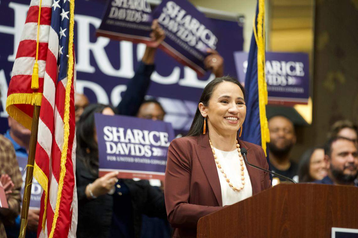 Rep. Sharice Davids makes her victory speech after winning her 4th term to Congress at a watch party in Overland Park on Tuesday, Nov. 5, 2024.