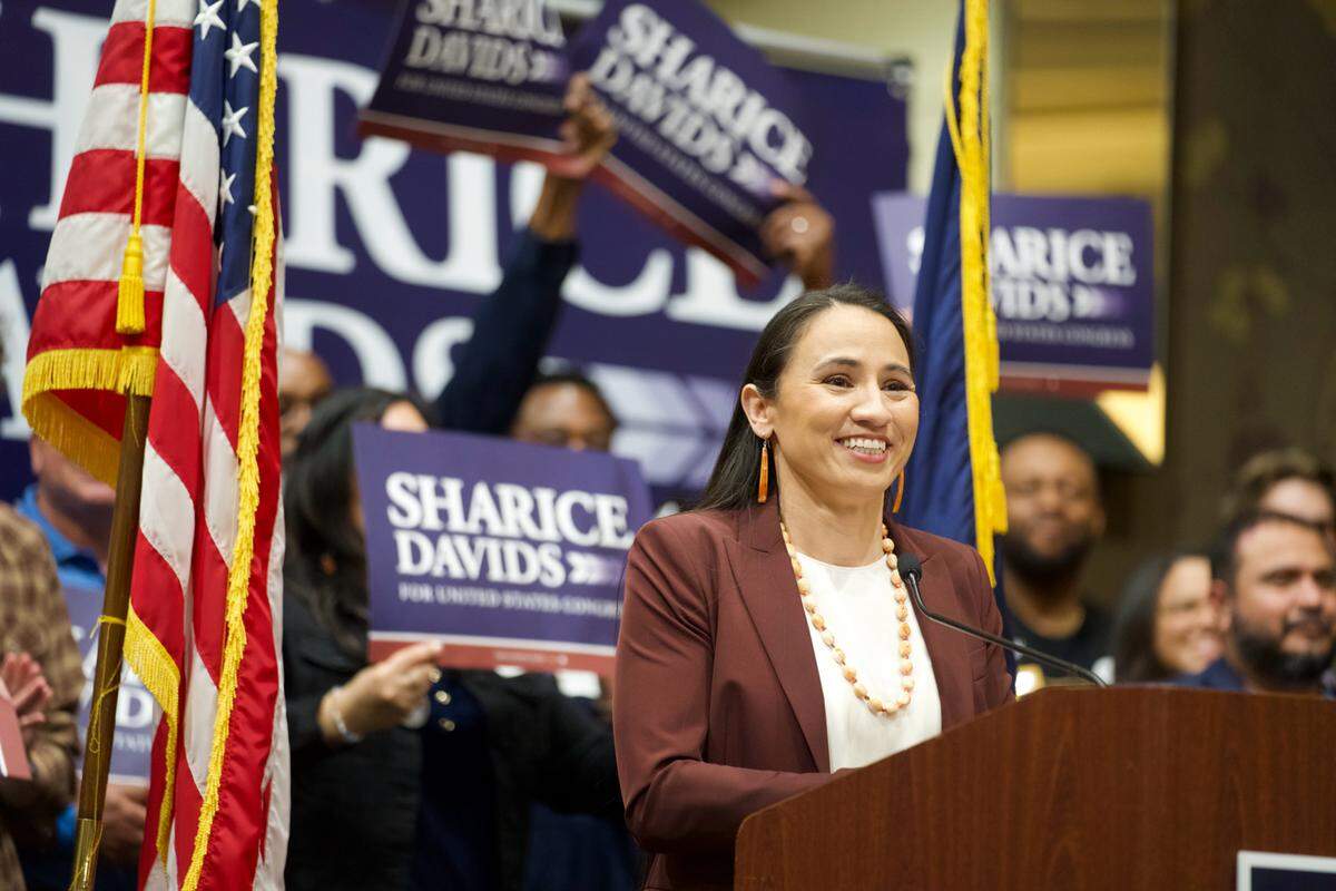 Rep. Sharice Davids makes her victory speech after winning her fourth term to Congress at a watch party in Overland Park on Tuesday, Nov. 5, 2024.