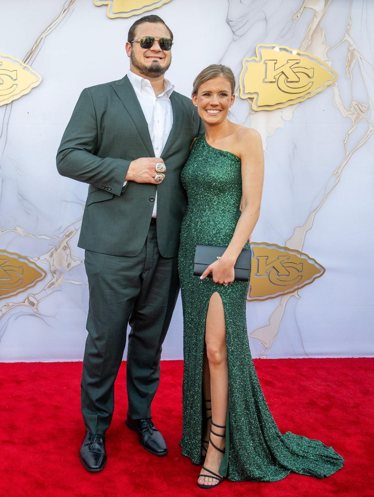Chiefs defensive lineman Nick Allegretti and wife Christina walked the red carpet before the Super Bowl LVIII championship rings presentation event.