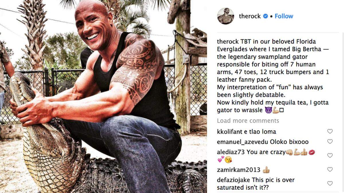 “Rampage” star Dwayne “The Rock” Johnson caught heat with a throwback photo of himself wrestling a gator named Big Bertha. Critics charge the action star with animal cruelty, though the photo has earned more than 4 million likes.