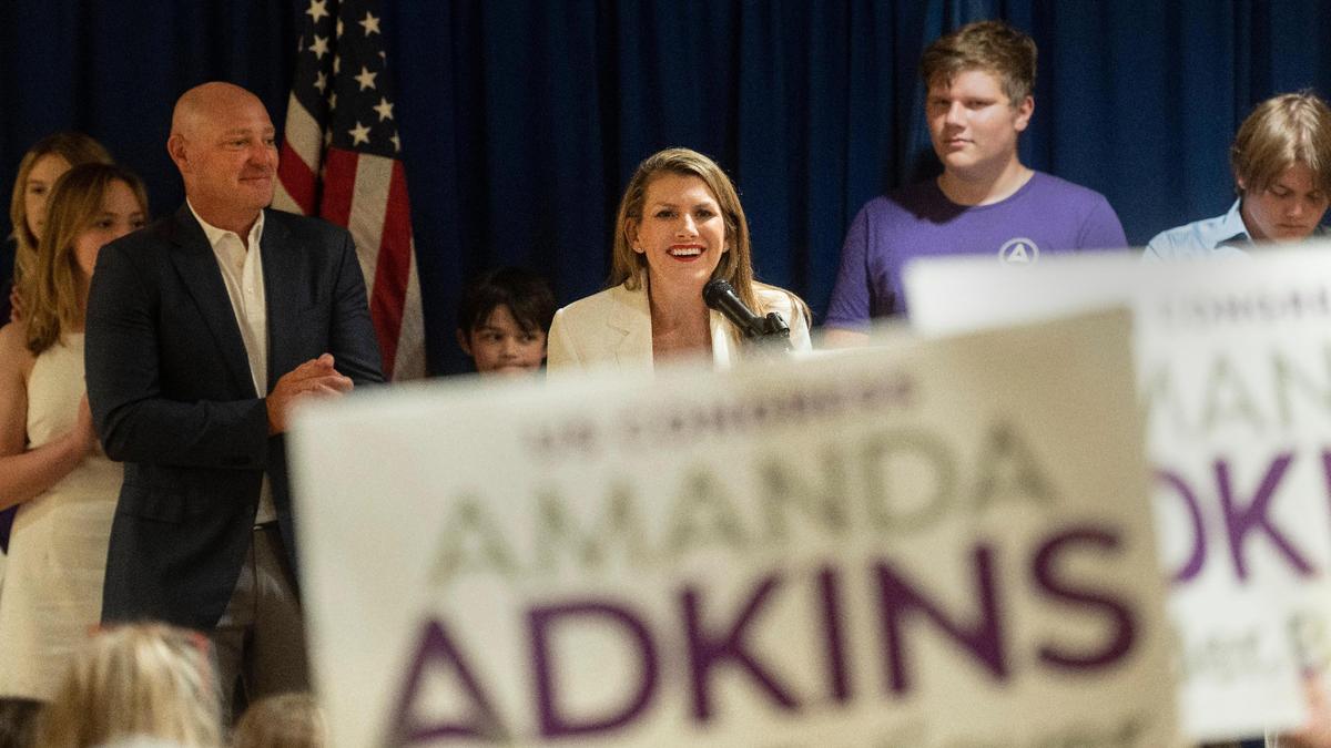 Amanda Adkins spoke to supporters at a watch party Tuesday, August 2, 2022, in Overland Park after she was declared the winner of the GOP primary in the race for the Kansas 3rd Congressional District. Adkins will face incumbent Sharice Davids in November.