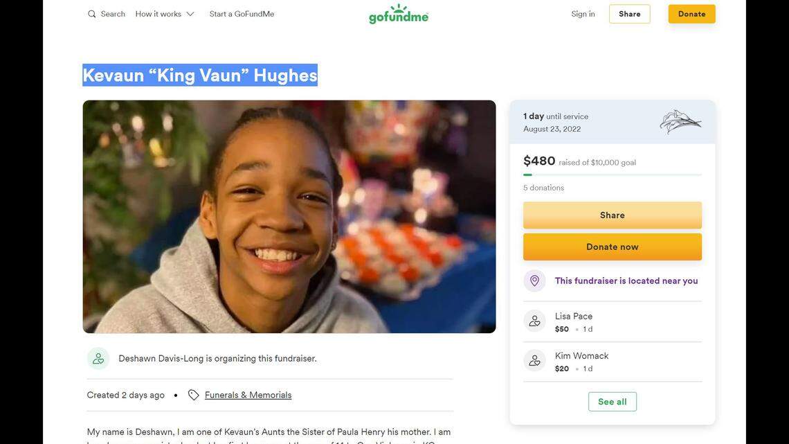 Kevaun Hughes, a 14-year-old killed in a double shooting outside a Kansas City convenience store last week, was described as “goofy and playful,” according to a GoFundMe fundraising page set up by a family member.