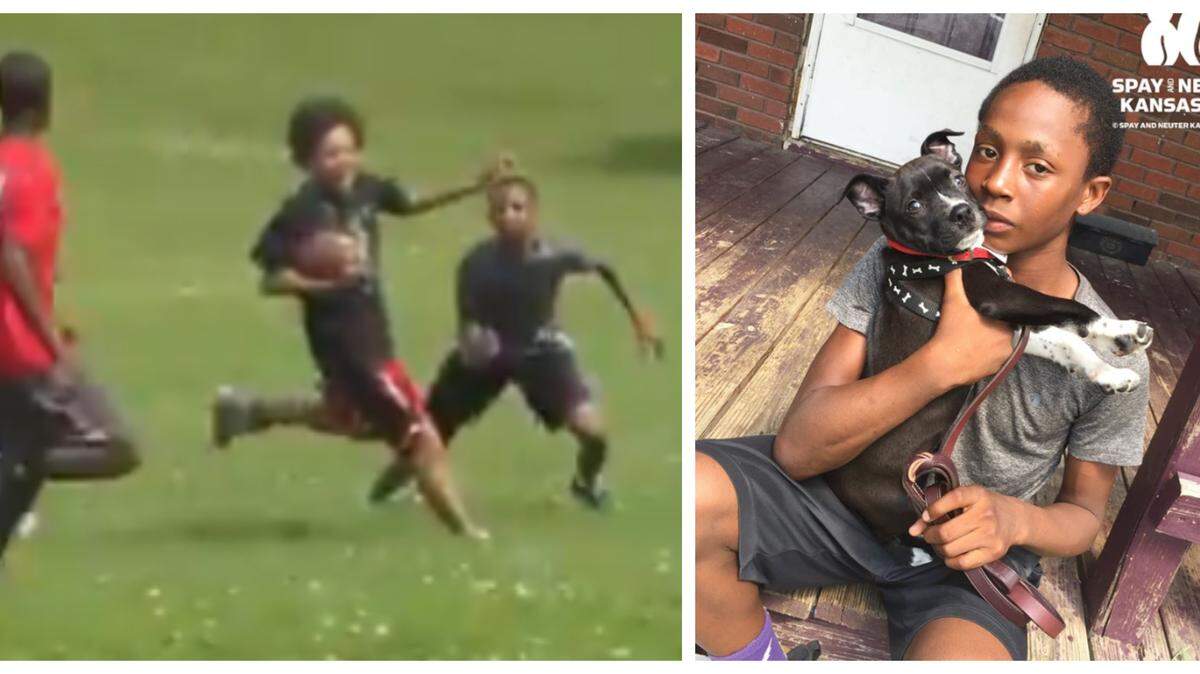 Jeremiah Stewart, playing youth football in 2014, left, and Demonte Walker, with his puppy "Chops" in 2016, were both slain in a double homicide on Monday.