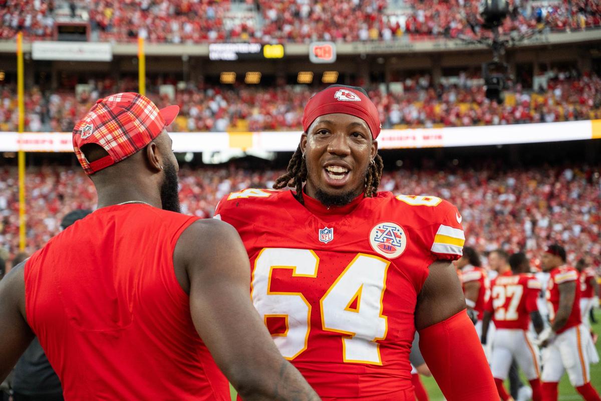 Kansas City Chiefs offensive tackle Wanya Morris at the end of the Chiefs game vs. the Cincinnati Bengals on Sunday, Sept. 15, 2024, at GEHA Field at Arrowhead Stadium.