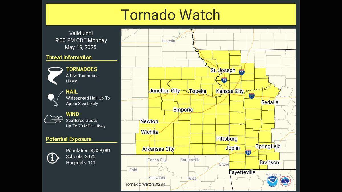 A tornado watch has been issued for parts of Kansas and Missouri, including the Kansas City metro area, as severe thunderstorms threaten the region, according to the National Weather Service. The watch is in effect until 9 p.m. in Kansas City and eastern Kansas into central Missouri.