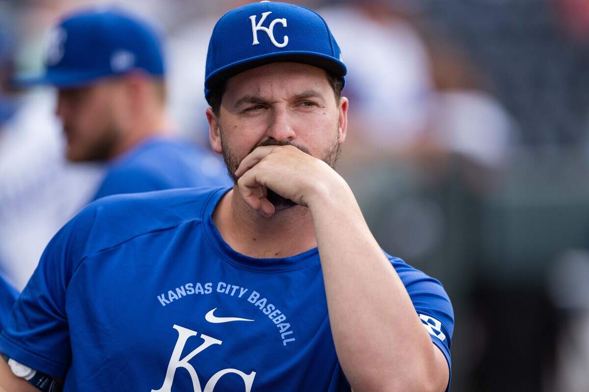 Royals first baseman Vinnie Pasquantino, who is out injured, watches from the dugout during KC’s 14-6 win against the St. Louis Cardinals at Kauffman Stadium in Kansas City on Thursday, June 18, 2026.