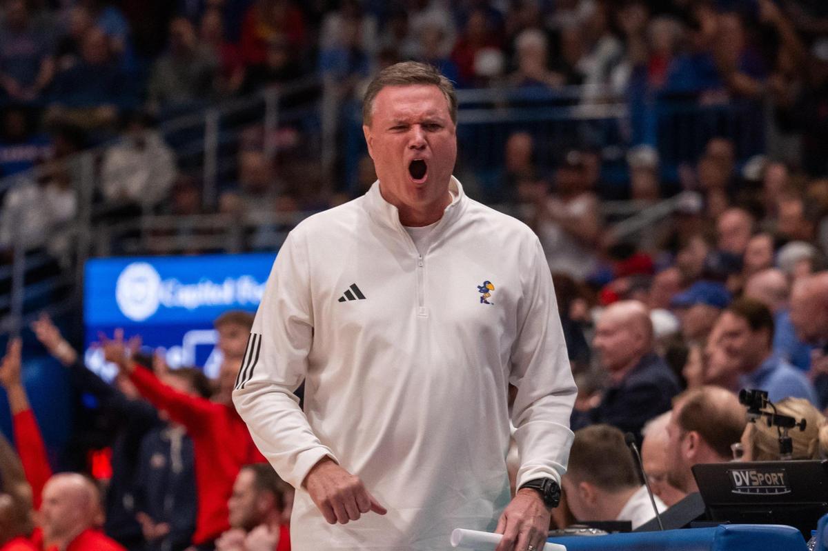 Kansas Jayhawks head coach Bill Self screams in anger as the Jayhawks give up the lead in the second half vs. the Arizona Wildcats on Saturday, March 8, 2025, at Allen Fieldhouse.