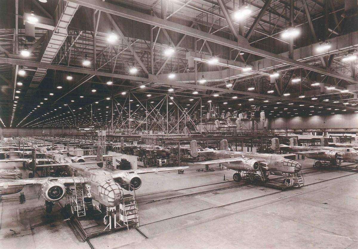 Sometime near the end of WWII, B-25 bombers neared completion at the North American Aviation Fairfax plant in Kansas City, Kansas.