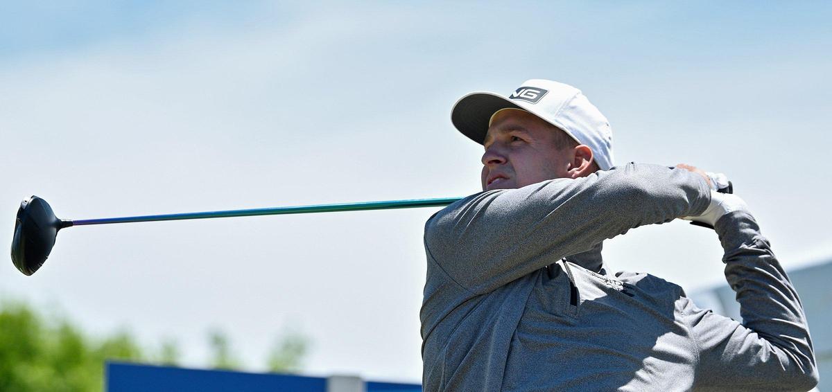 Sam Stevens of Wichita tees off at the first hole on the final day of the AdventHealth Championship golf tournament on Sunday at Blue Hills Country Club.