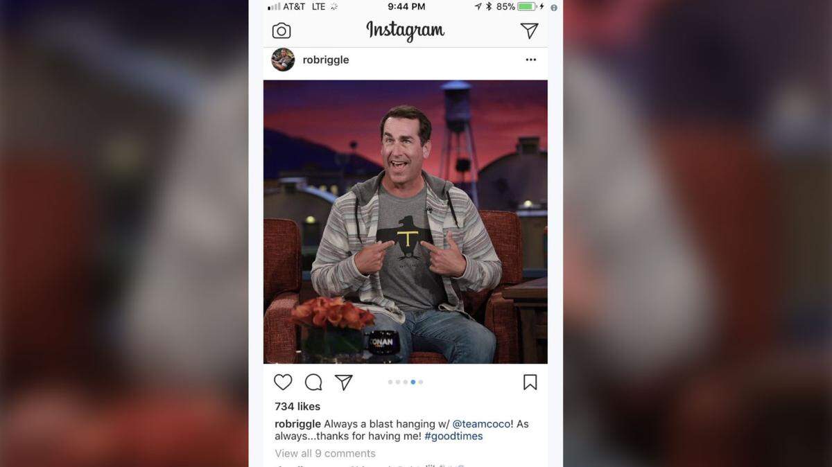 A local school mascot appeared on comedian Rob Riggle's shirt during a recent appearance on Conan.