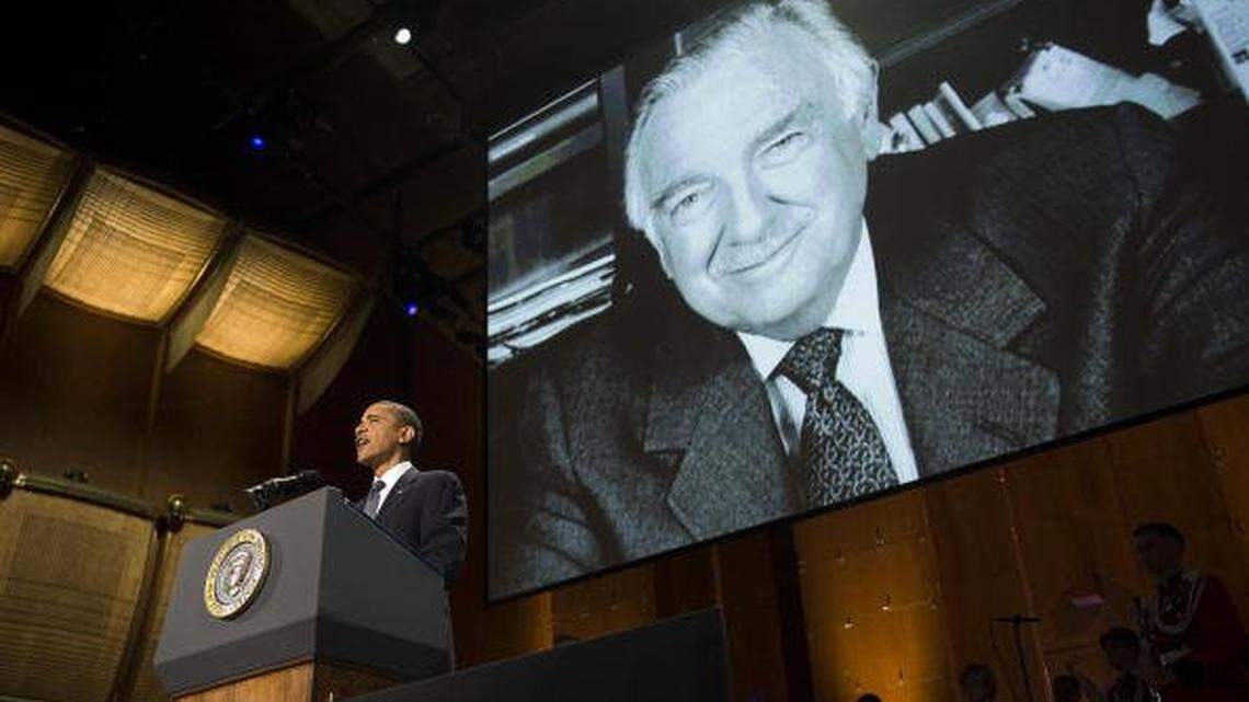 President Barack Obama speaks during a memorial service for CBS newsman Walter Cronkite at the Lincoln Center in New York City on Sept. 9, 2009. Cronkite, a Missouri native, is back in the news because of the latest anchor of the “CBS Evening News.”