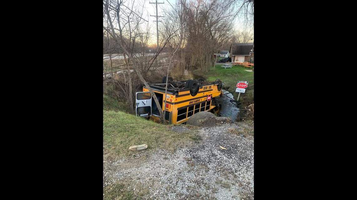 A school bus flipped into a pond, Wisconsin deputies said. No children were on the bus.