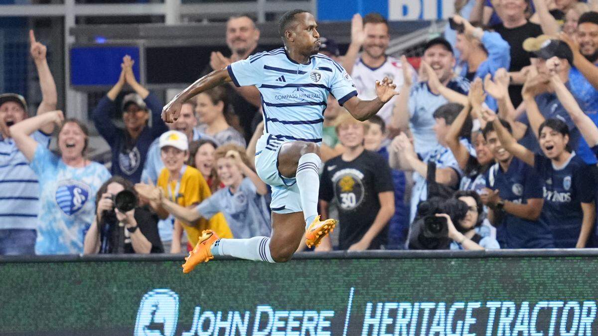 Sporting Kansas City midfielder Gadi Kinda (10) celebrates after scoring the opening goal against FC Dallas at Children’s Mercy Park on May 31, 2023.