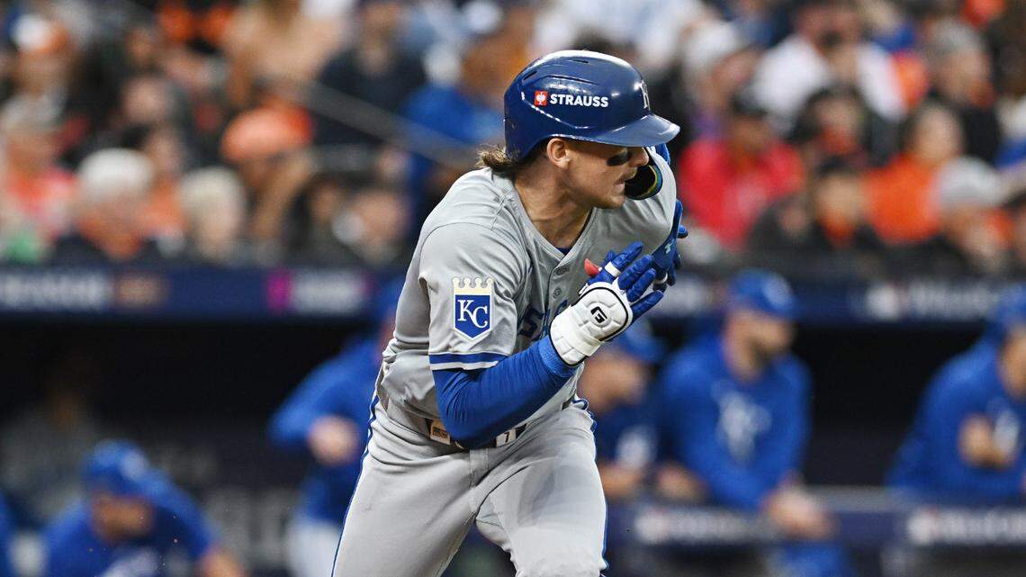Kansas City Royals shortstop Bobby Witt Jr. (7) hits an RBI single in the sixth inning of Game 1 (Wild Card) at Oriole Park at Camden Yards on Oct. 1, 2024.