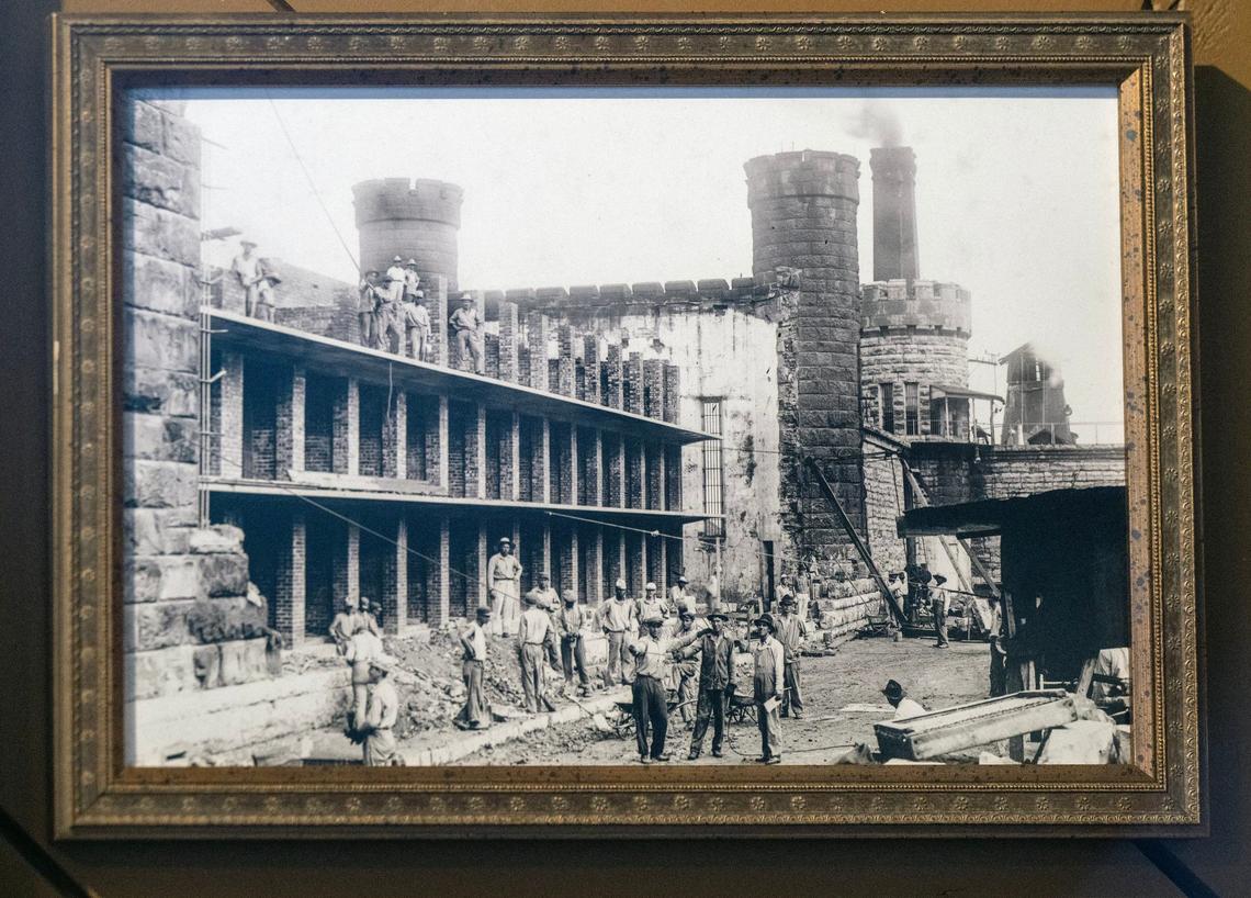 This undated photo on display at the Lansing Historical Society and Museum shows inmates adding on to an already existing portion of what was known as the Kansas State Penitentiary.