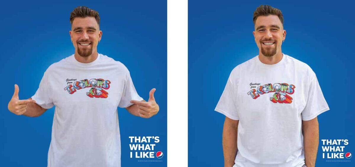 Travis Kelce models the T-shirt.