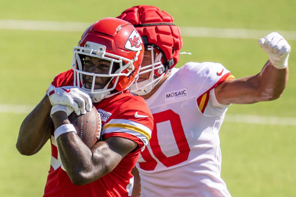 Kansas City Chiefs running back Brashard Smith (30) catches a pass while doing a drill during training camp at Missouri Western State University on Tuesday, July 29, 2025, in St. Joseph.