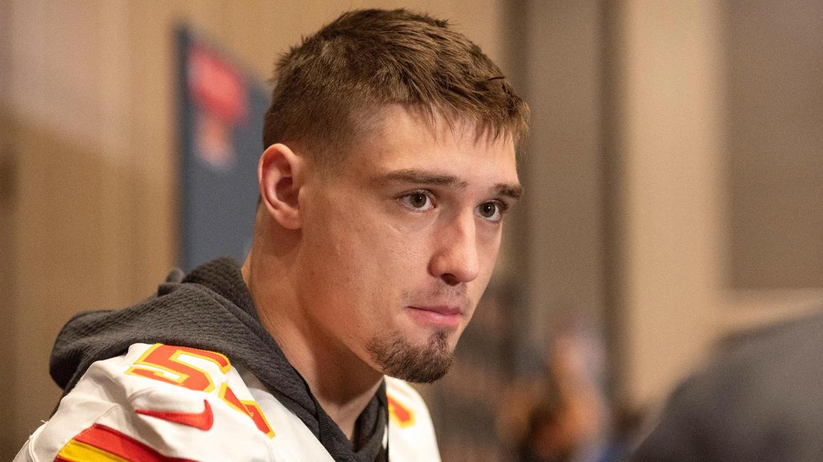 Kansas City Chiefs linebacker Leo Chenal (54) takes questions from the media during team media availability at New Orleans Marriott in New Orleans on Wednesday, Feb. 5, 2025.