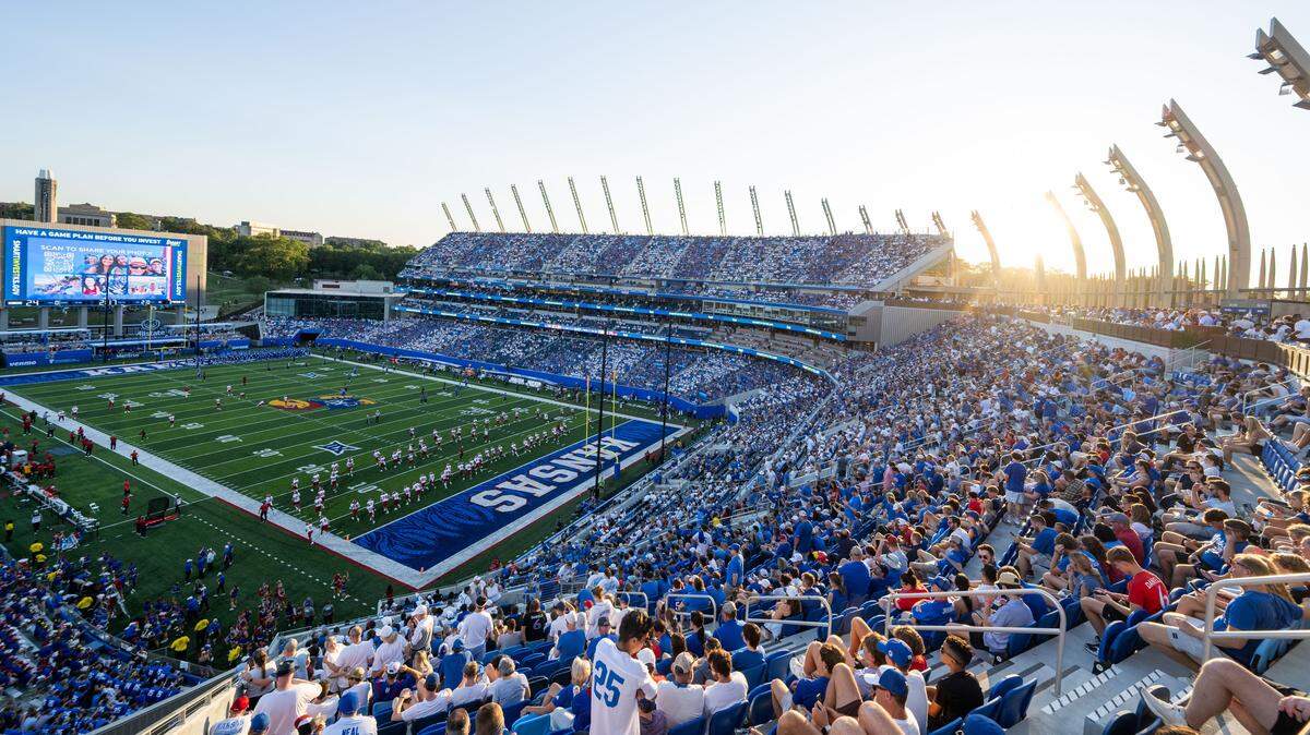 A sold-out crowd watches the halftime show inside the newly remodeled David Booth Kansas Memorial Stadium during the Jayhawks game vs. the Fresno State Bulldogs on Saturday, Aug. 23, 2025, in Lawrence.