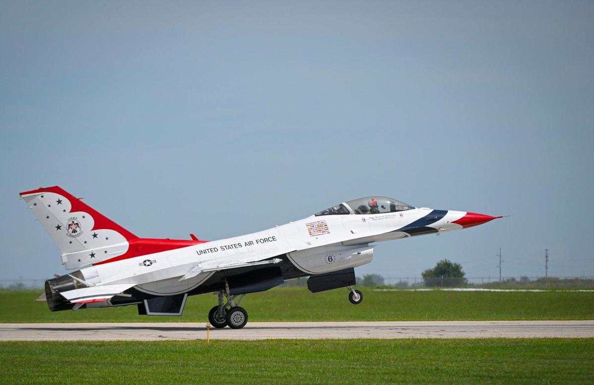 One of the U.S. Air Force Thunderbirds lands after arriving from Las Vegas at the New Century AirCenter on Thursday, Sept. 1, 2022, in Gardner, Kansas, for the Garmin KC Air Show, which runs Saturday and Sunday.