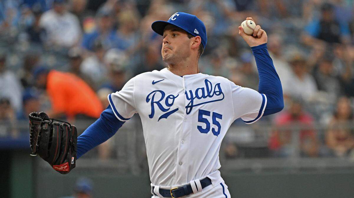 Kansas City Royals starting pitcher Cole Ragans (55) delivers against the Tampa Bay Rays in the first inning at Kauffman Stadium in Kansas City on July 15, 2023.