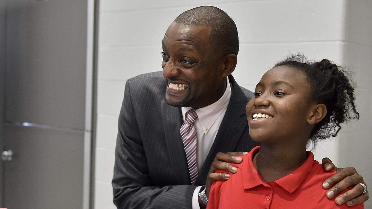 Kansas City Public Schools Superintendent Mark Bedell and student Naima Wilson