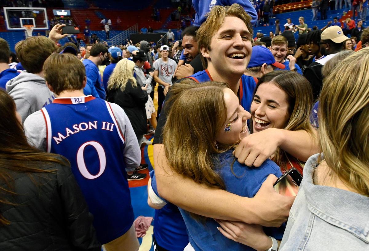 Jayhawk fans stormed the court and celebrated a historic comeback victory in Allen Fieldhouse as Kansas came back from a 15 point deficit to defeat North Carolina for the NCAA National Championship in New Orleans on Monday, April 4, 2022.
