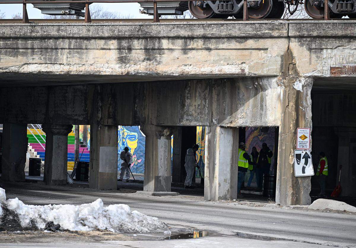 A semi hauling what looked to be roofing materials struck Kansas City's notorious “truck-eating bridge” on Tuesday, Feb. 2, 2026. The low-clearance bridge on Independence Avenue is frequently struck by trucks that are too tall to fit underneath. 