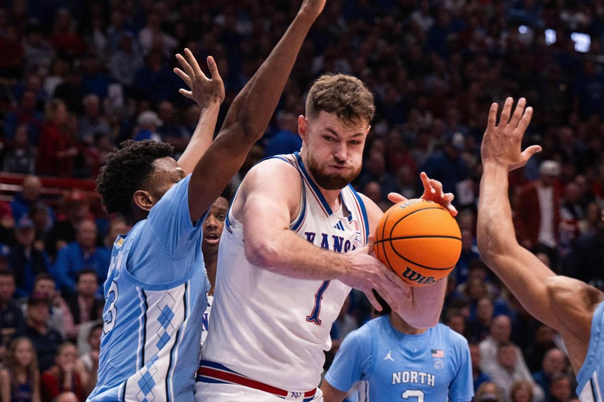 Kansas Jayhawks center Hunter Dickinson tries to establish position in the paint in the second half at Allen Fieldhouse on Friday, Nov. 8, 2024.