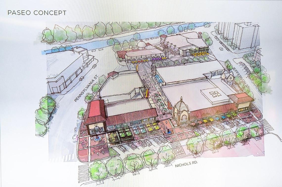 A rendering of the “Paseo District” on the southwest side of the Country Club Plaza shows two new towers and pedestrian walkways where retail or parking currently exist.