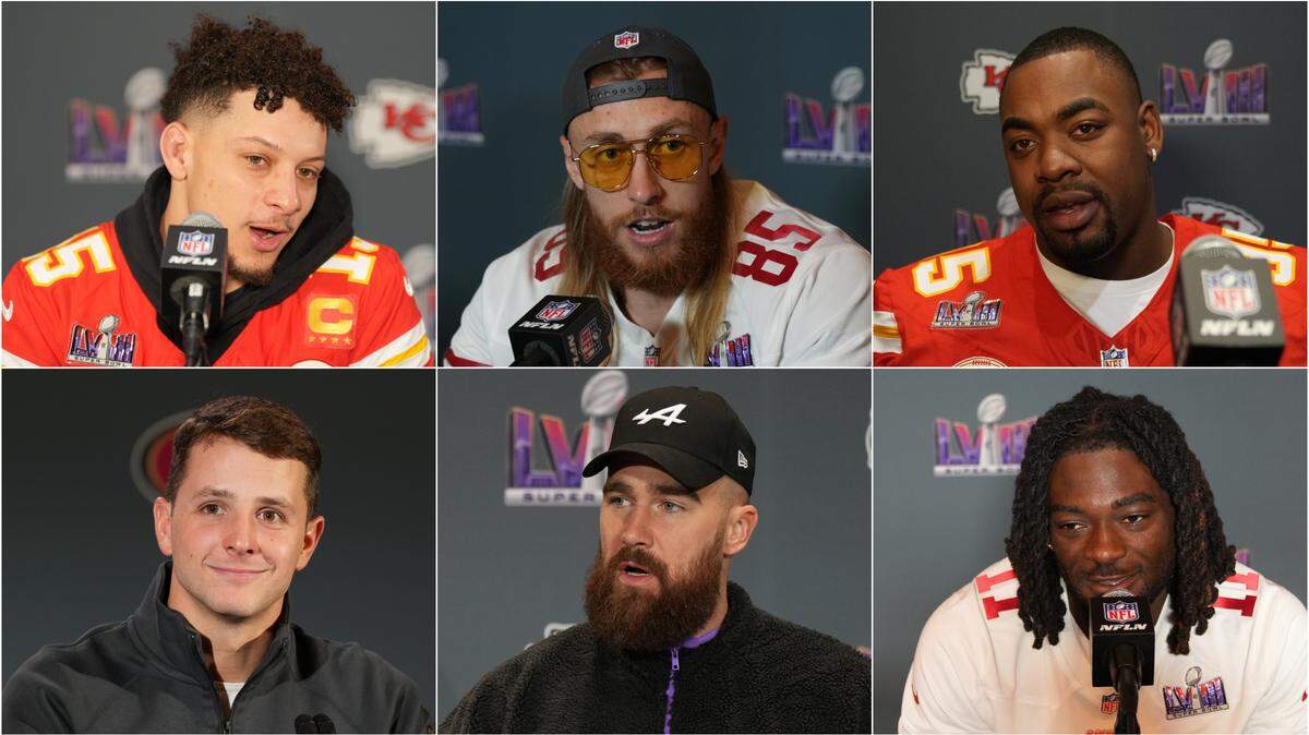 Patrick Mahomes (top left), Chris Jones (top right) and Travis Kelce (middle center) lead the Chiefs against the 49ers in Super Bowl LVIII.
