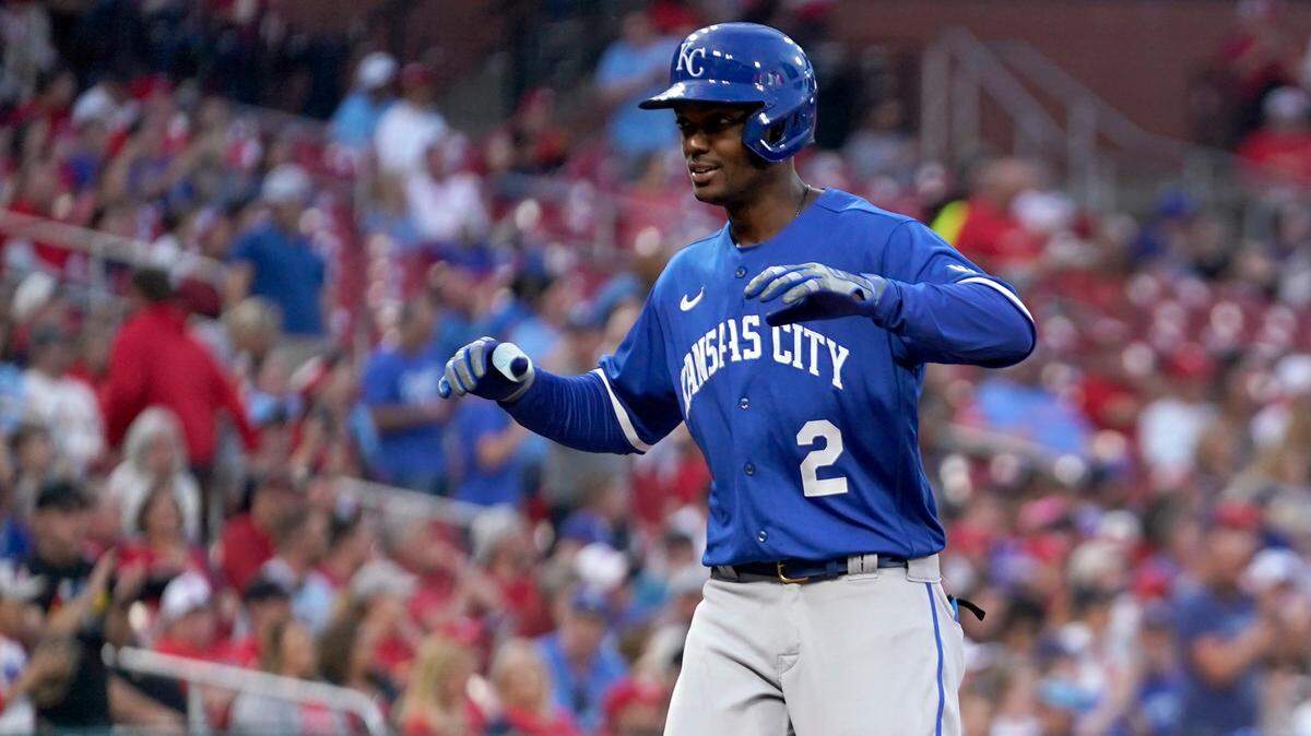 Kansas City Royals’ Michael A. Taylor celebrates after hitting a two-run home run during the second inning of a baseball game against the St. Louis Cardinals Tuesday, April 12, 2022, in St. Louis. (AP Photo/Jeff Roberson)