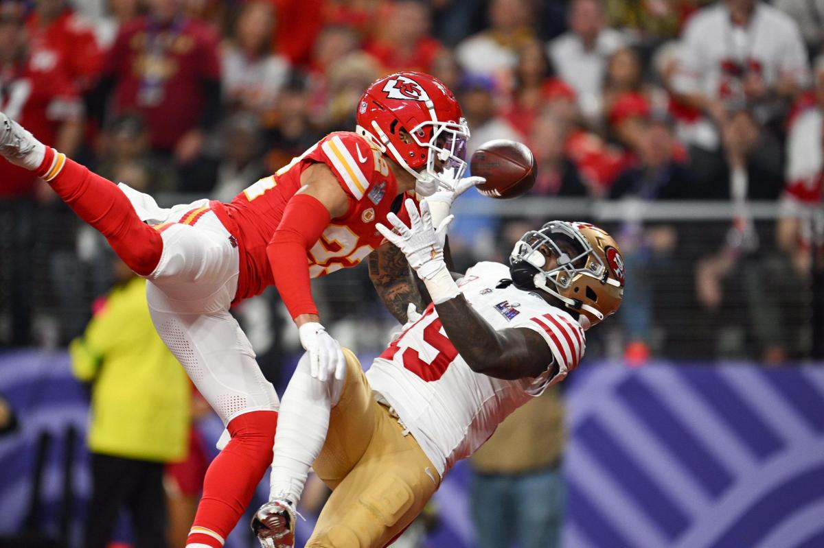 Kansas City Chiefs linebacker Nick Bolton breaks up a pass intended for San Francisco 49ers wide receiver Deebo Samuel (19) in the 49ers’ end zone in Super Bowl LVIII, Sunday, Feb. 11, 2024, in Las Vegas.