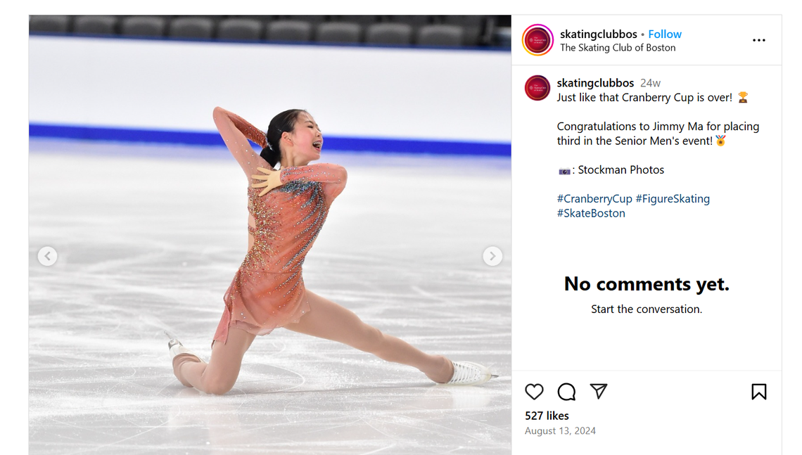 A screenshot of a photo of Jinna Han from the Skating Club of Boston’s Instagram account.